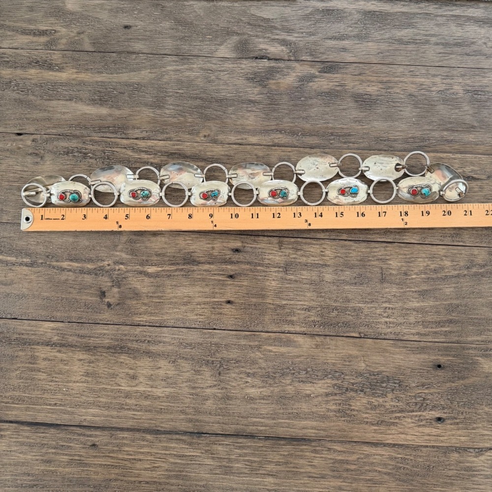 Vintage Sterling Silver Turquoise Coral Concho Link Belt 42" Western Native - Picture 10 of 10